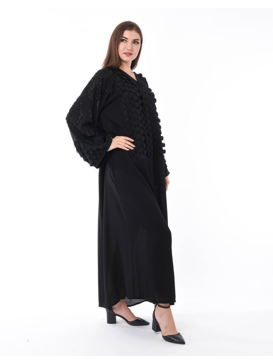 MOiSTREET Black Abaya with Checkered Panels and Hand Embroidery