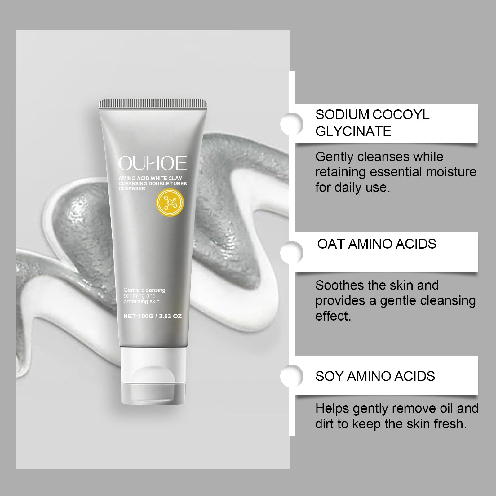 Amino Acid Double Tube Facial Cleanser, Hydrating Gentle Cleansing, Brightening, Moisturizing ,100g