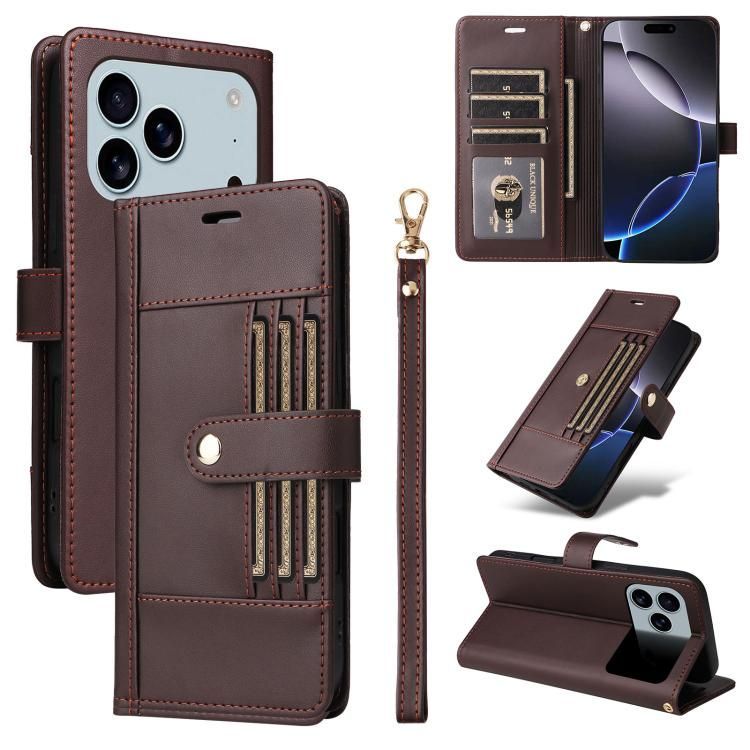 For iPhone 18 Pro Max / iPhone 17 Pro Max Six Card Slots Buckle Leather Phone Case with Lanyard