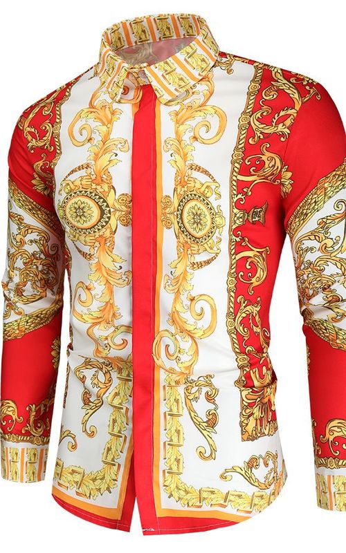 Men Royal Shirt Print Lapel Luxury Slim Shirt Business Long Sleeve Fit Tops For Party Prom