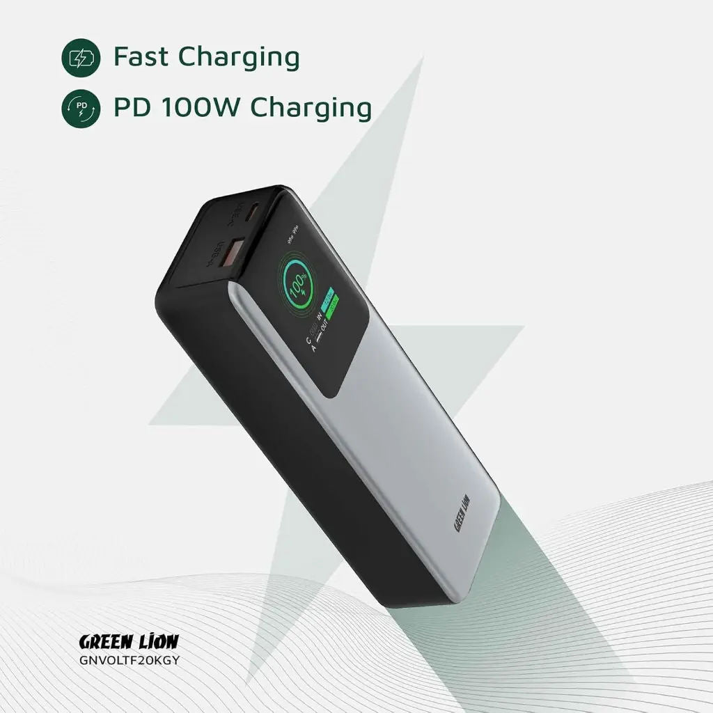 Green Lion Voltura 20000mAh Power Bank PD 100W, USB-C Fast Charging, TFT Display, Grey