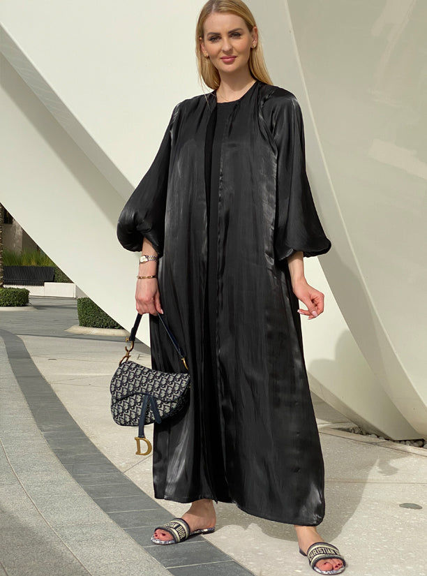 MOiSTREET Shimmery Bubble Sleeves Black Abaya Set with Under Dress & Sheila