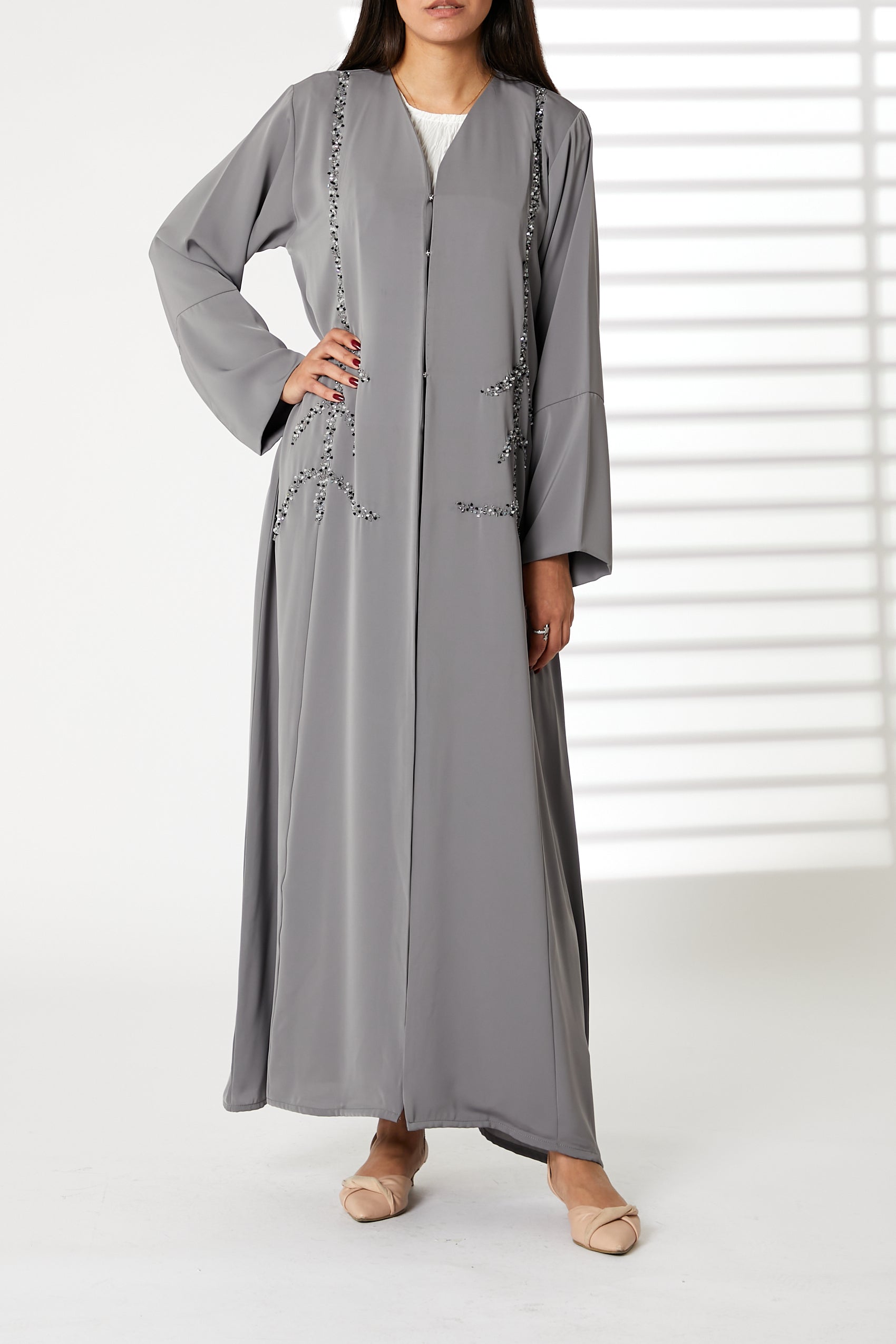 MOiSTREET Grey Nida Open Front Embroidered Abaya