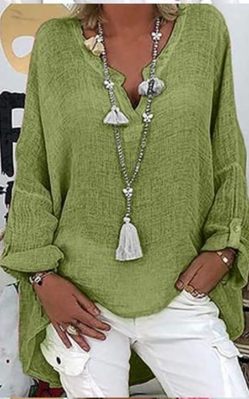 Women's V-Neck Solid Color Slub Linen Shirt Dress