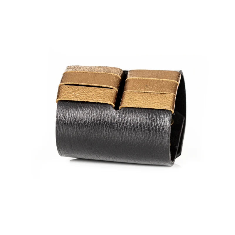 The Dark Two Tone Folded Leather Cuff Bracelet Black & Bronze