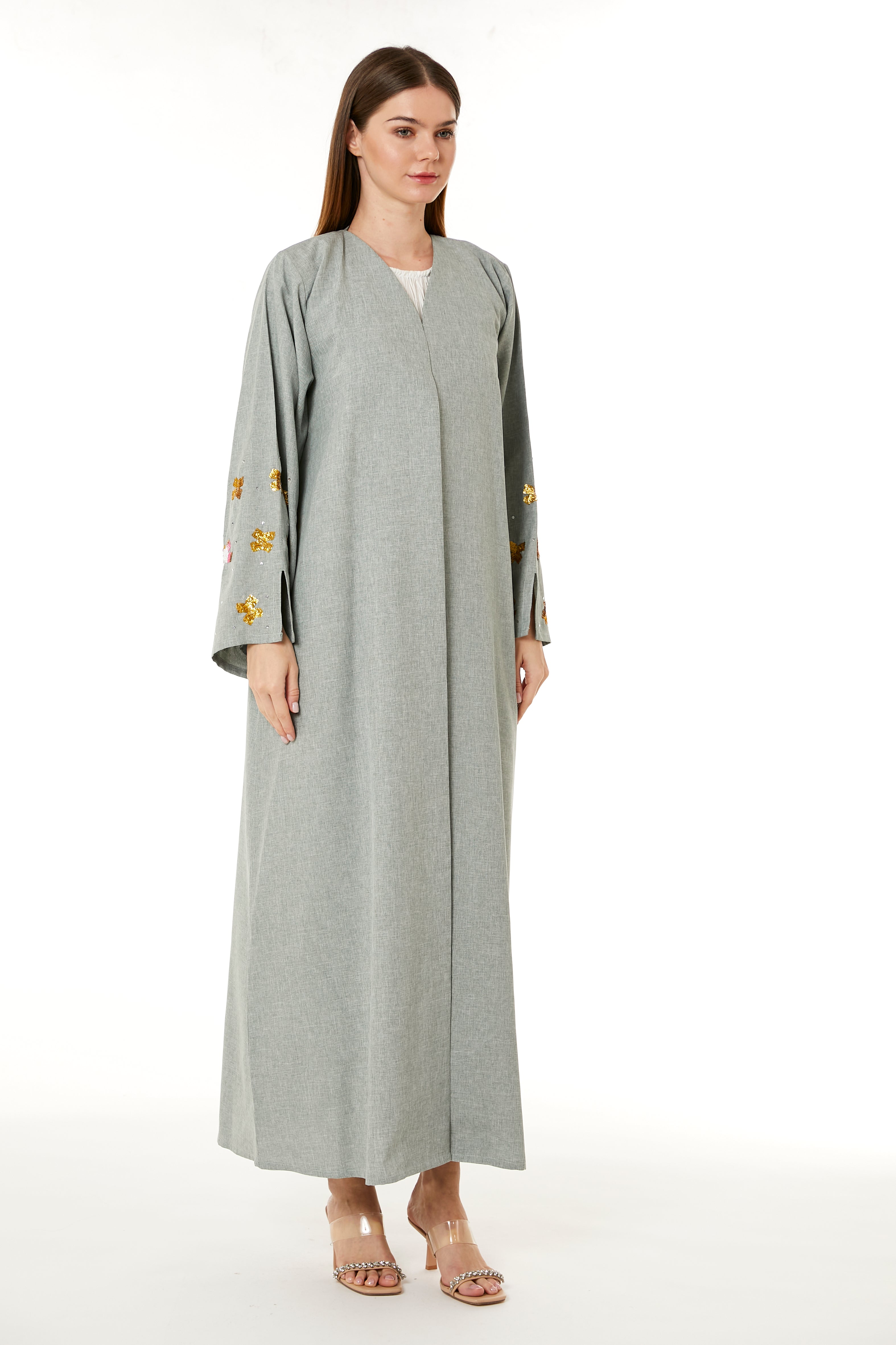 MOiSTREET Grey Melange Embroidered Abaya