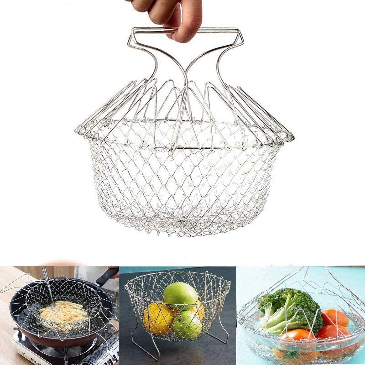 Foldable Frying Basket Stainless Steel Extendable Drain Rack Kitchen Utensil Cooking Net