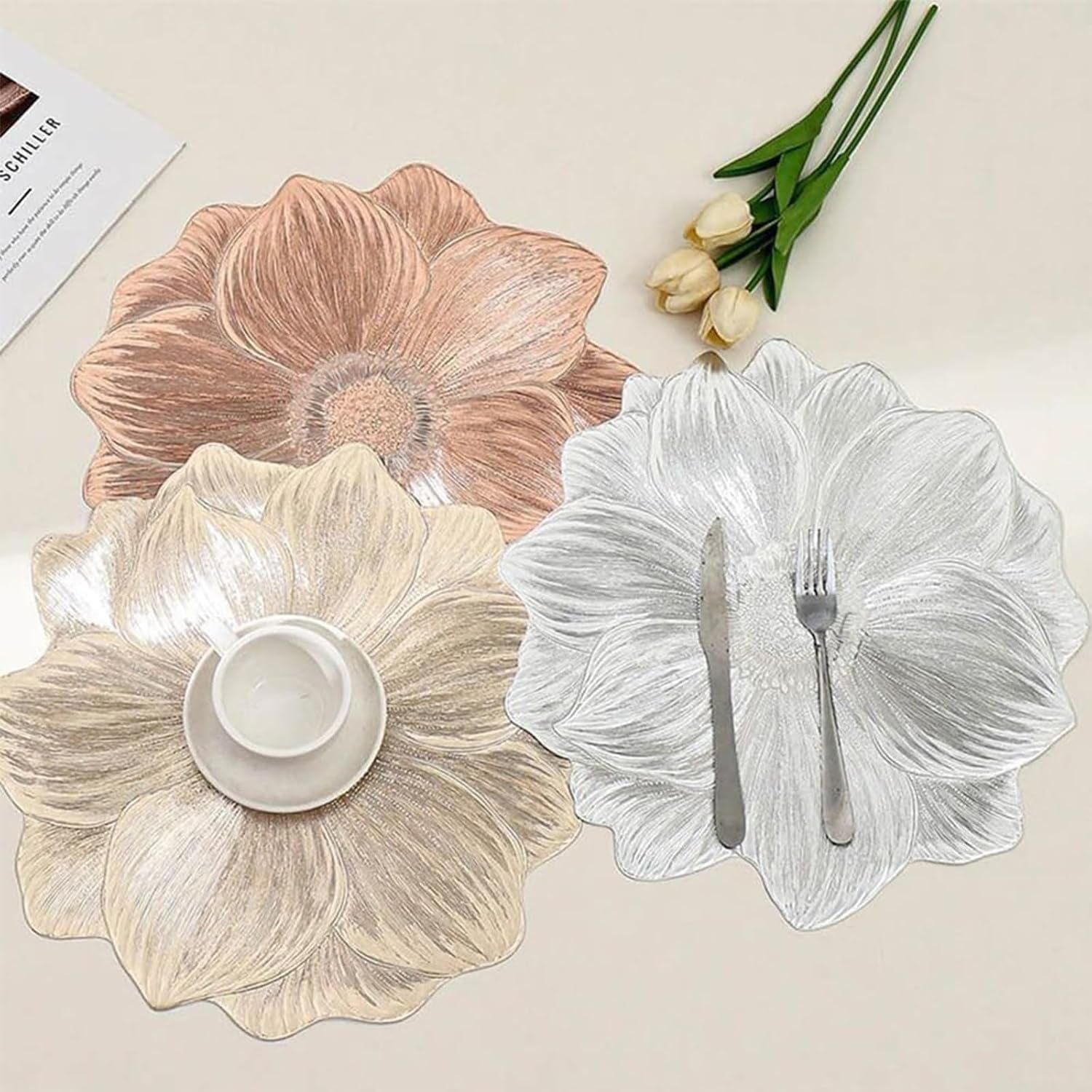 6 Pack Creative Flower PVC Placemat 3D Floral Design Placemats Heat-Resistant Place Mats