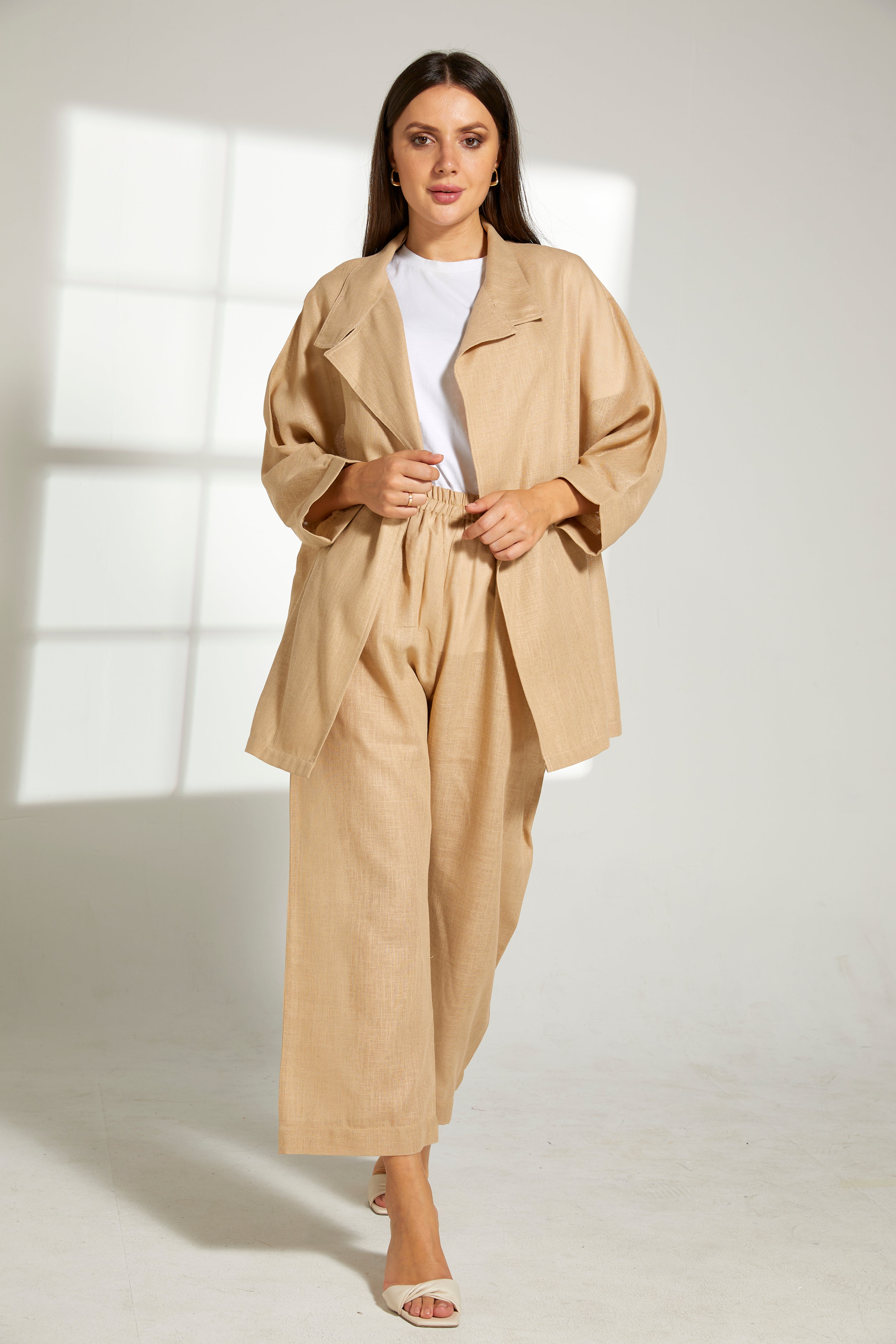 MOiSTREET Tan Linen Fabric Top and Pants Set