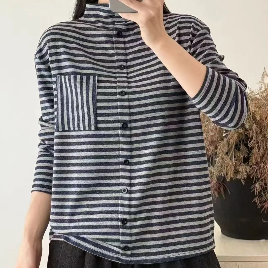 Striped Loose Fit Button Long Sleeve Base Shirt For Women
