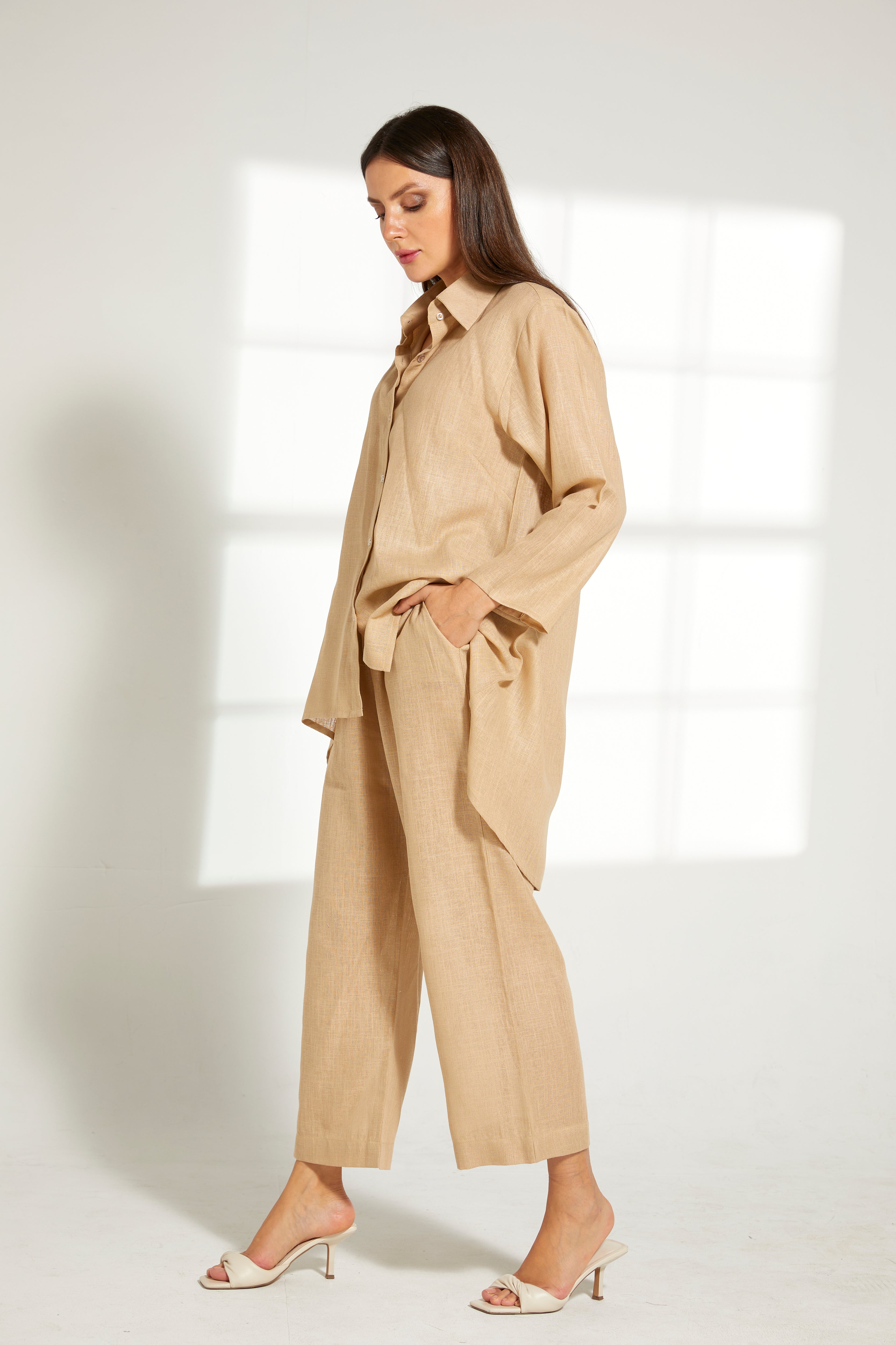 MOiSTREET Beige Linen Fabric Top and Pants Set