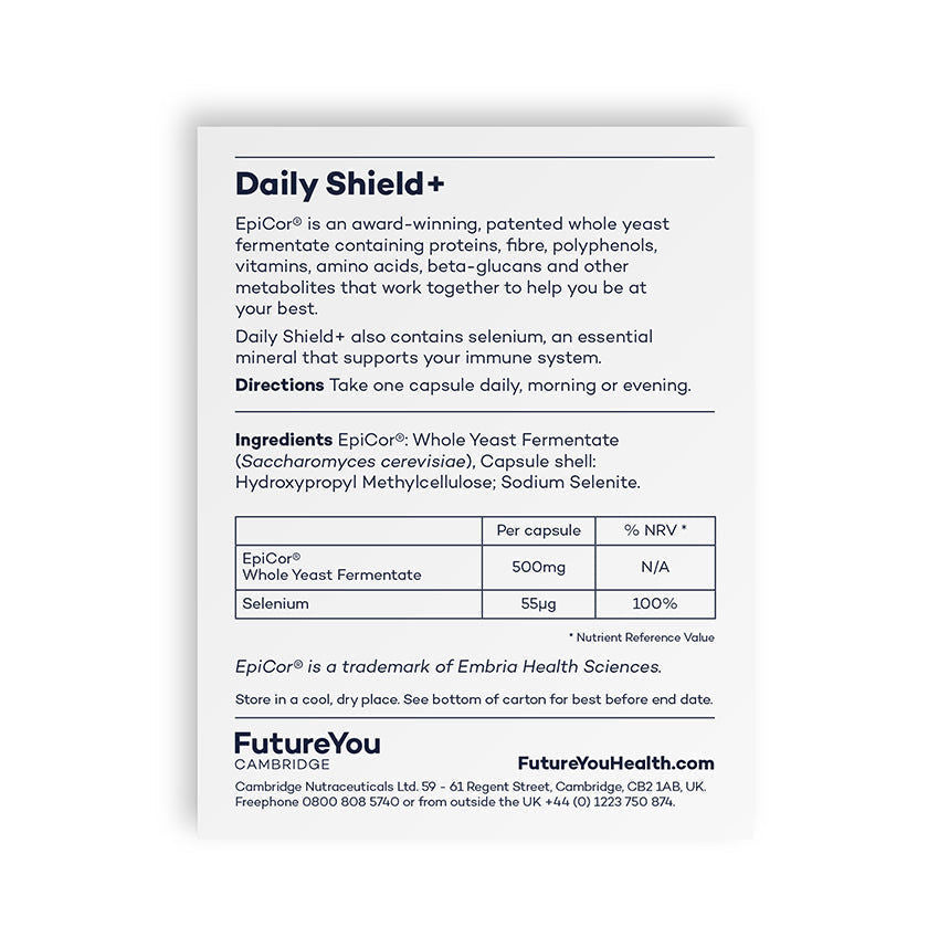 Daily Shield مع EpiCor® - تركيبة سهلة الامتصاص - مناسب للنباتيين - كمية تكفي لمدة 28 يومًا - من تطوير FutureYou Cambridge