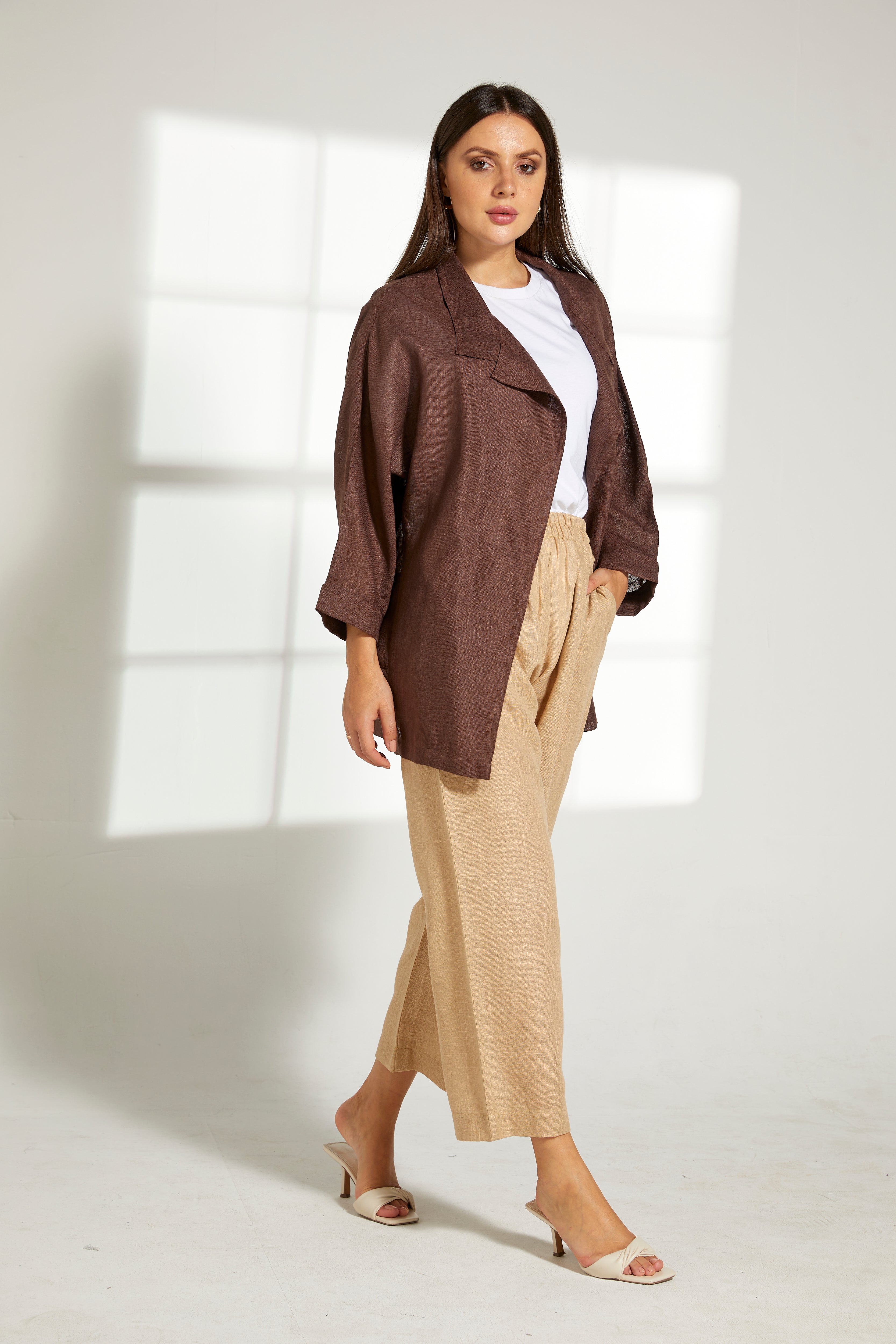 MOiSTREET Brown  Linen Top and Beige Pants Set