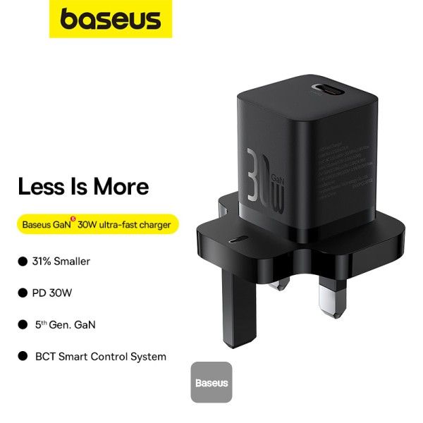 Baseus GaN5 30W Type-C Mini Fast Charger UK Plug, Black, P10110906113-00