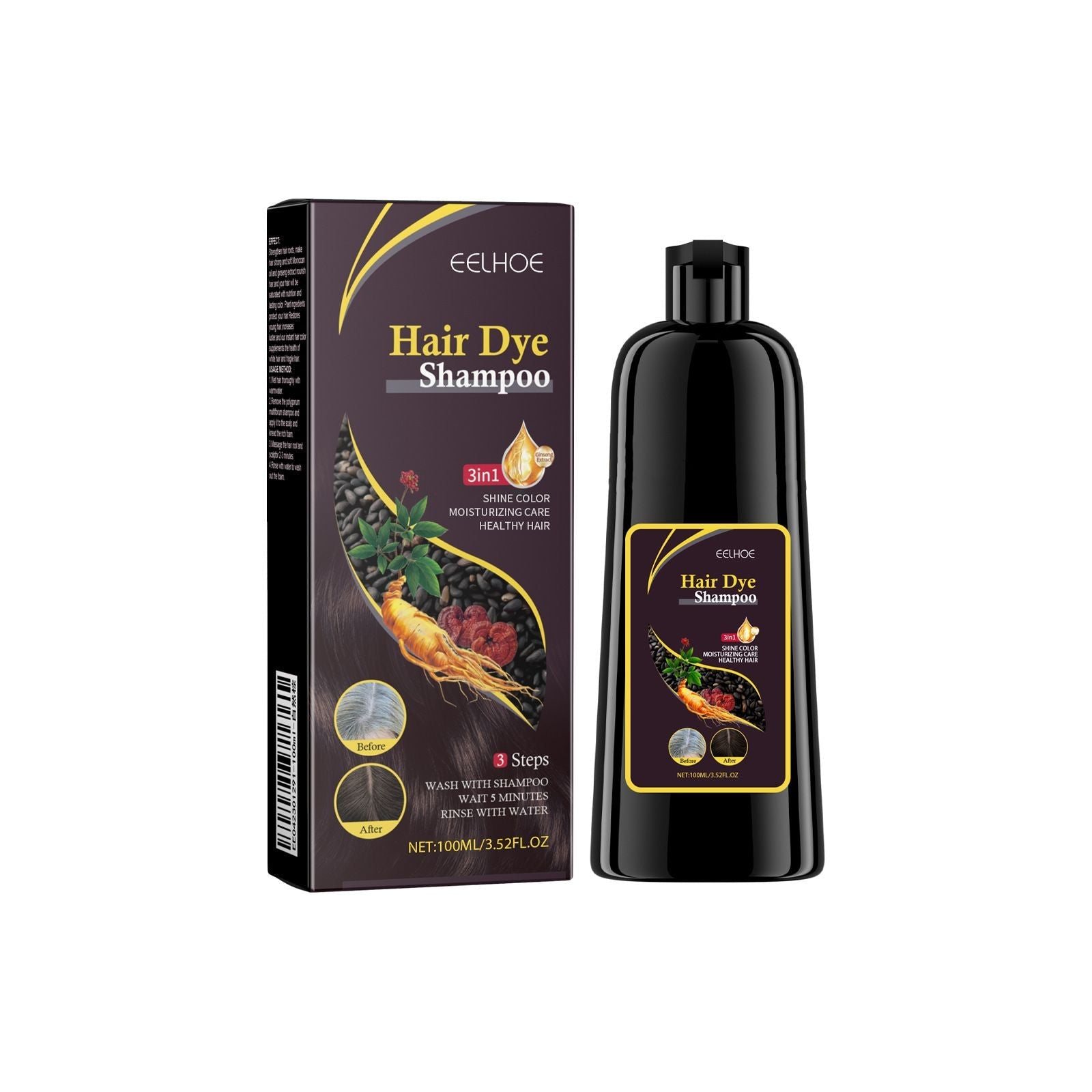 EELHOE Hair Dye Shampoo 100ml, 3-in-1 Color & Care