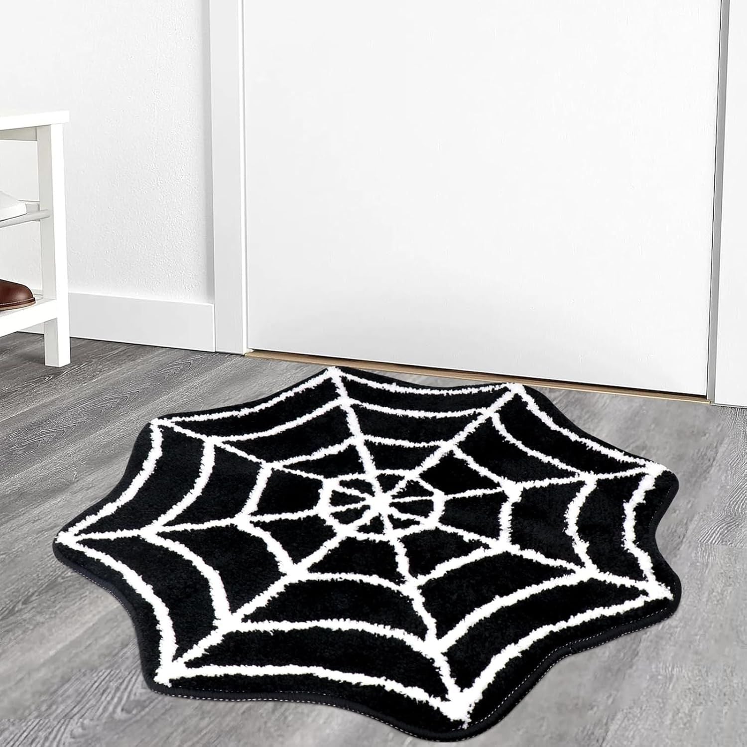 AIESY® Live Beautiful ! Spider Web Bath Mat, Black and White, Non-Slip Halloween Theme Bathroom Rug, Gothic Home Decor (28X28 inch)