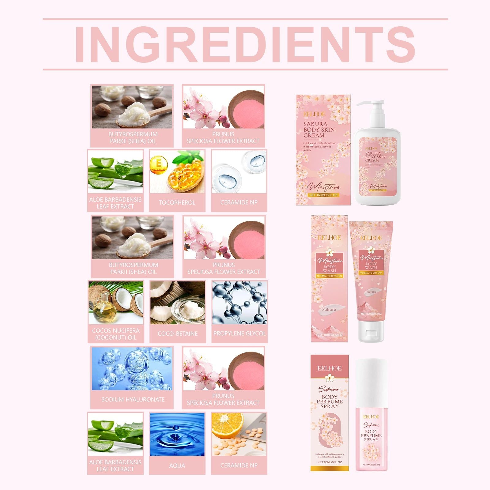 Cherry Blossom Body Care Set, Moisturizing, Nourishing, Gentle Cleansing, Fragrance ,1set