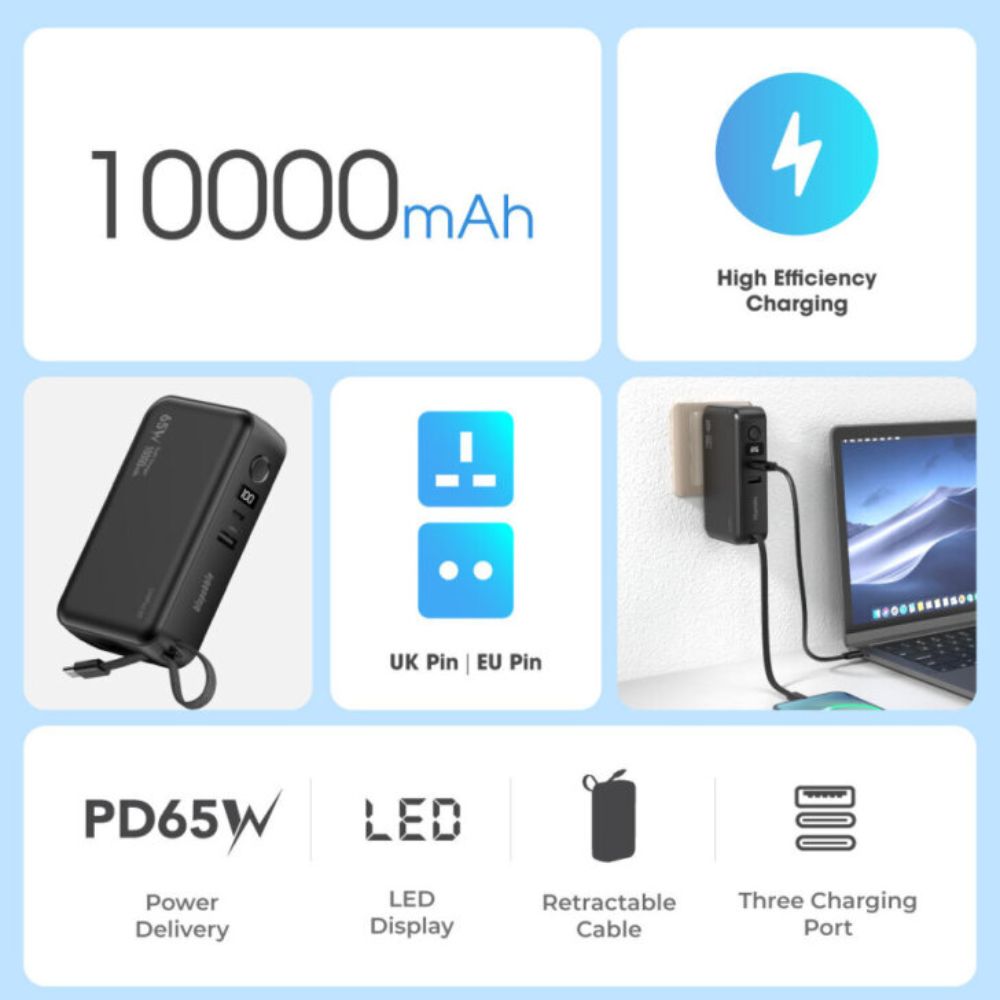 Blupebble LinkPod 65 10000mAh Power Bank & 65W Fast Charger with Retractable Type-C Cable, Black