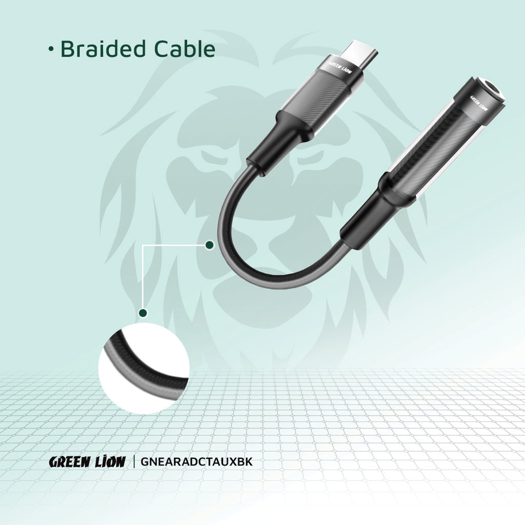 Green Lion USB-C to 3.5mm AUX Earphone Adapter, 12CM, Durable Braided, Black