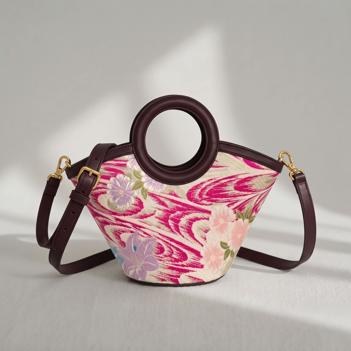 Jamila Designer Mulberry Silk Tote Bag, Floral Pattern with Round Handles, TOTEBUR-FLOWER02
