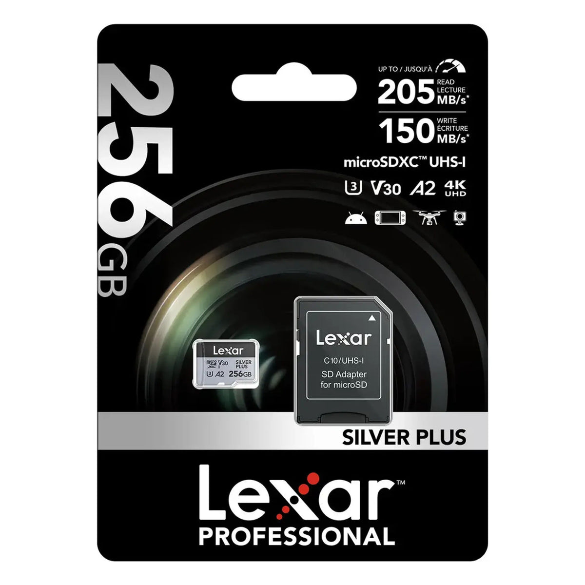 Lexar Professional SILVER PLUS microSDXC UHS-I Card, Up to 205MB/s Read, V30, U3, 256GB