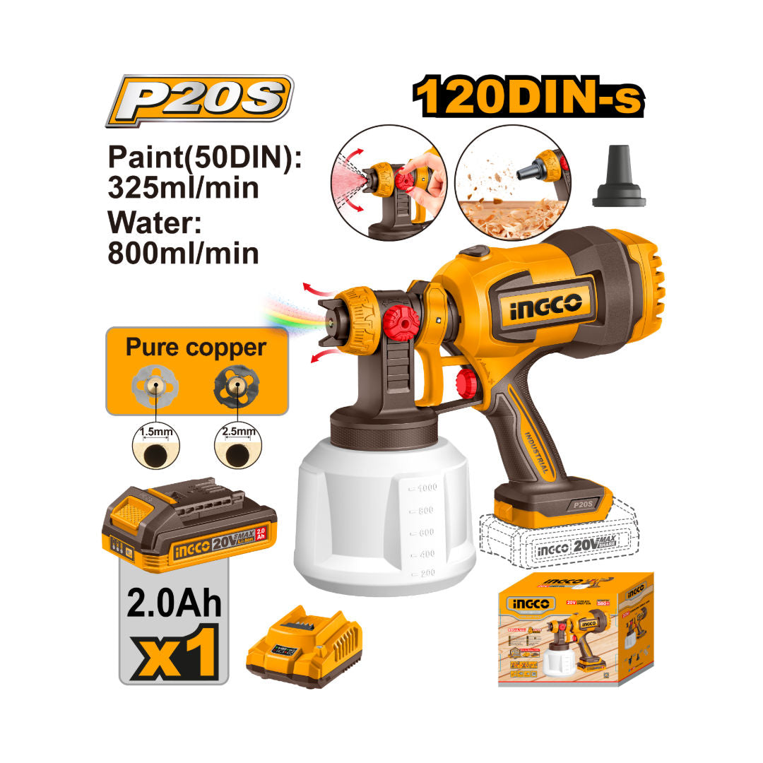 INGCO 20V Cordless Paint Spray Gun Kit, 800 mL/min, 120 DIN-s, 1000 mL Cup, 2 Nozzles, 2.0Ah Battery & Charger