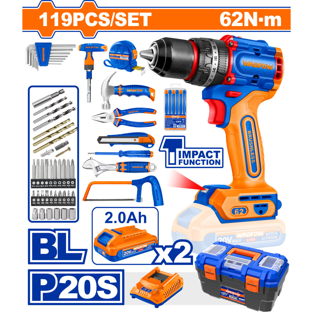 WADFOW 119 Pieces 20V Tools Set, Brushless Impact Drill, (62 Nm) with 2x2.0Ah Battery, Charger, Bits, Drivers