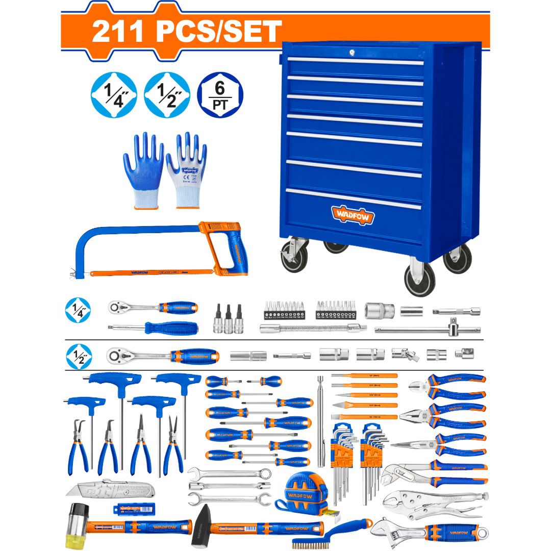 مجموعة أدوات WADFOW المكونة من 211 قطعة، خزانة فولاذية بـ 7 أدراج على عجلات مع مجموعة أدوات ميكانيكية كاملة
