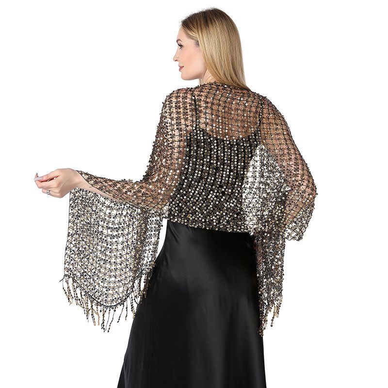 Black Gold Sequin Fringe Shawl Wrap for Evening Dress