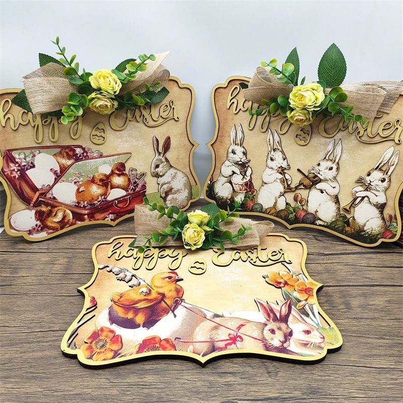 Easter Bunny Door Sign Wooden Decorative Wreath Door Hanging Sign Gifts