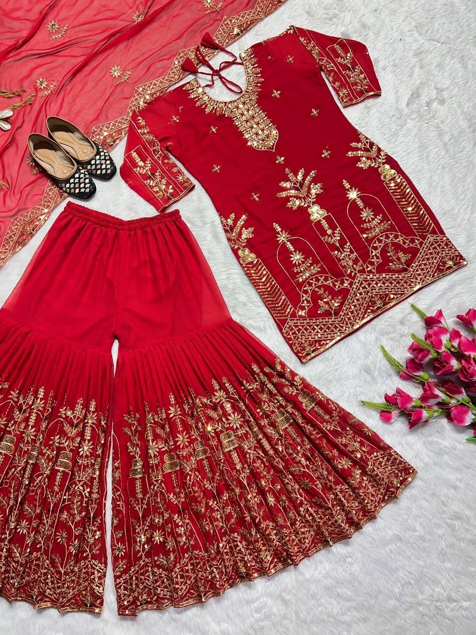 Fab Zone Embroidered Top with Sharara Plazzo Suit