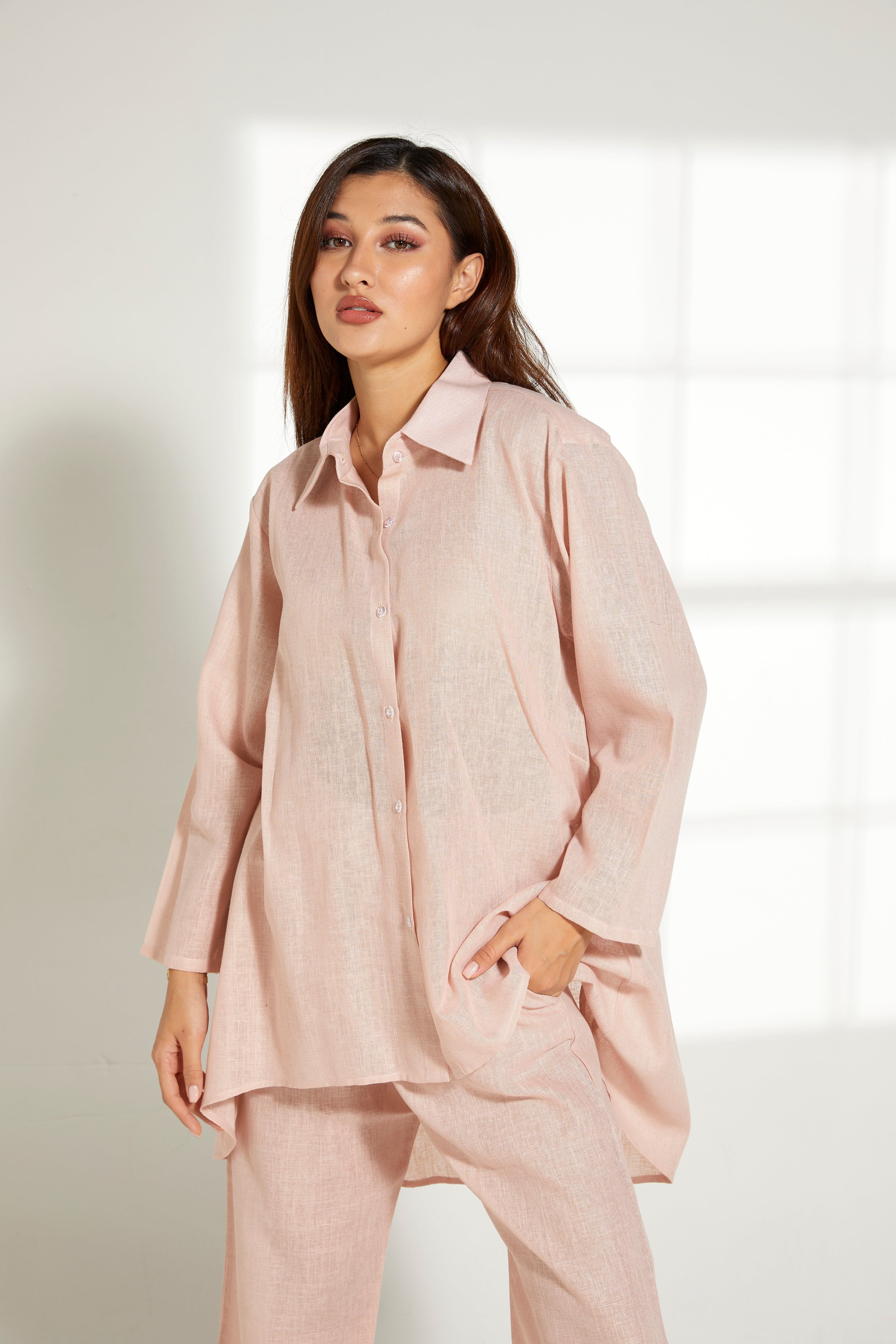 MOiSTREET Peach Linen Fabric Top and Pants Set