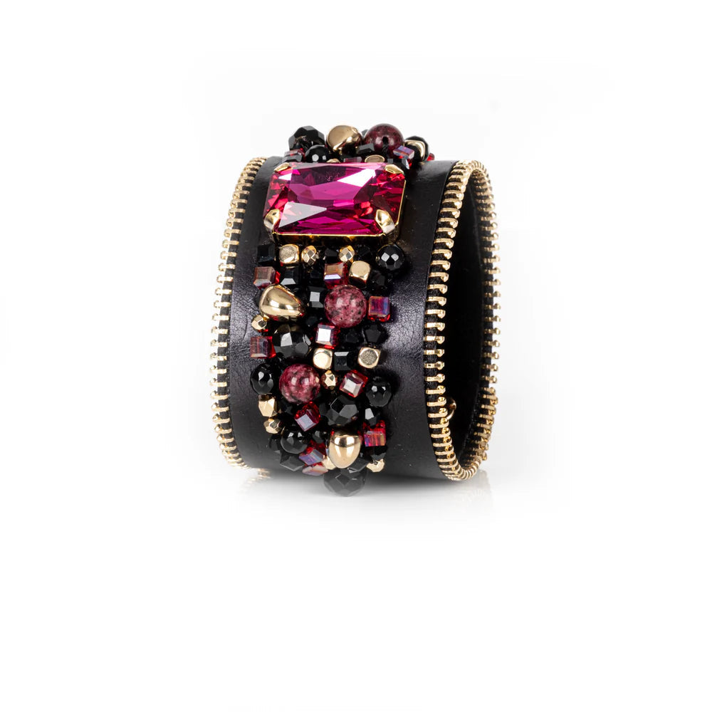 The Dark Black Leather Crystal Statement Cuff Ruby Glass & Gold Zip