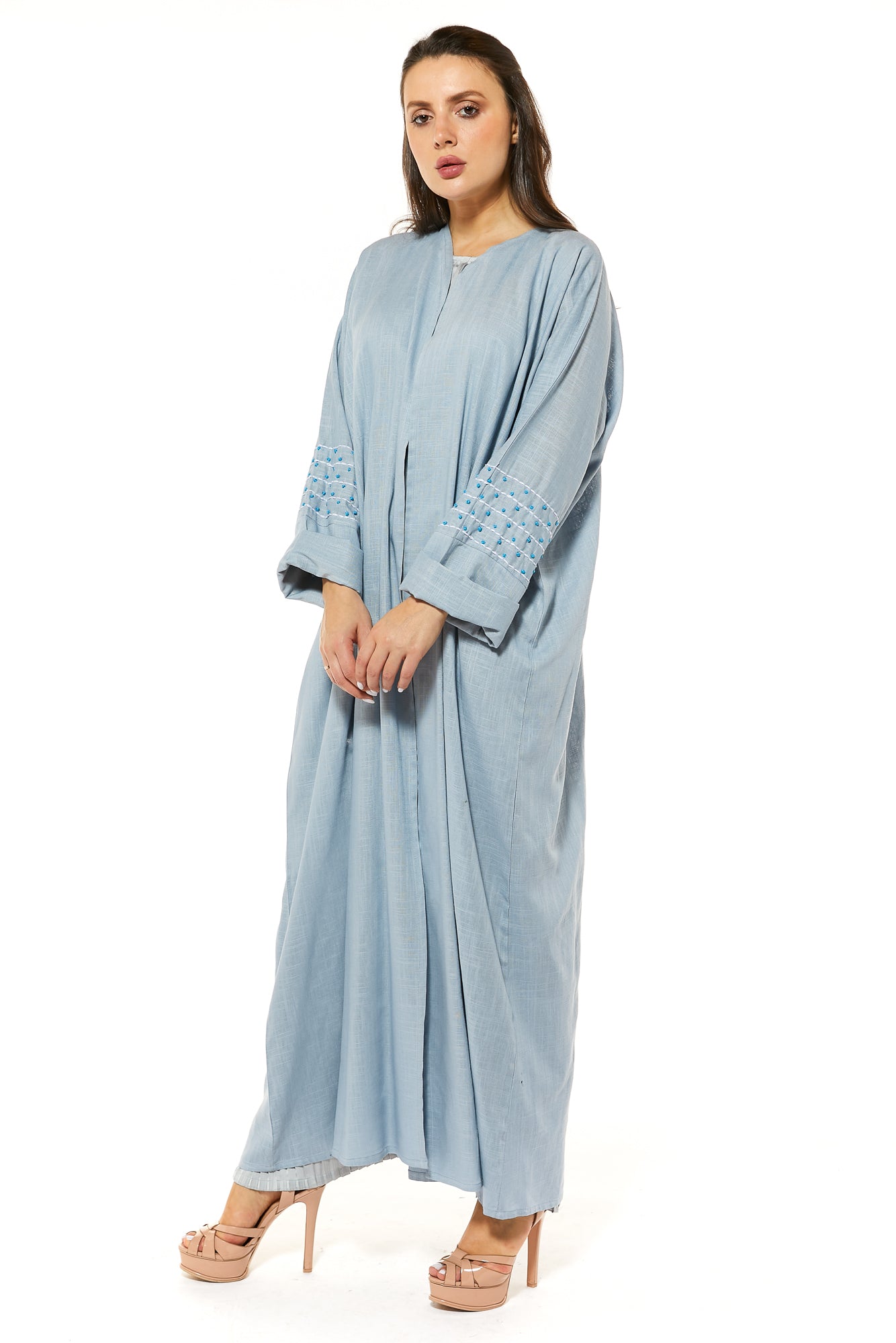MOiSTREET Blue Linen Abaya with Threadwork
