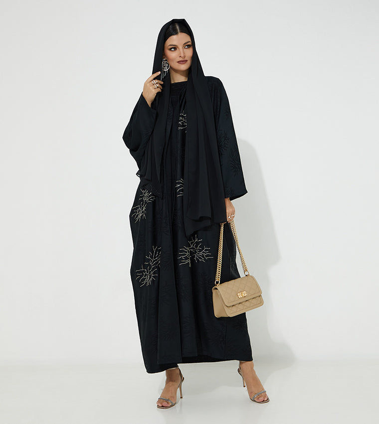 MOiSTREET  Black Jacquard Embroidered Abaya
