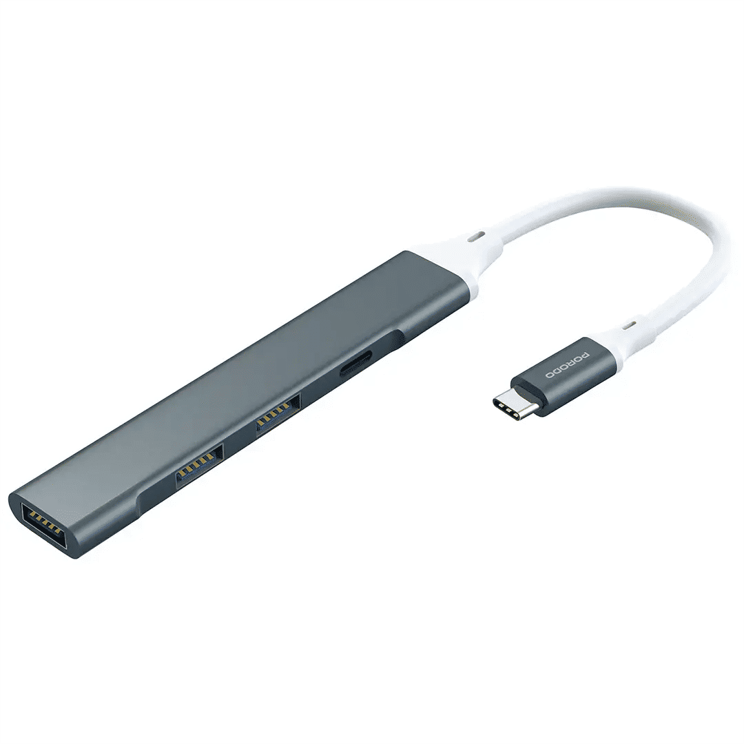 Porodo Aluminum Multi-Port USB-C Hub, 5Gbps Data Transfer, USB 3.0 & USB 2.0, Gray