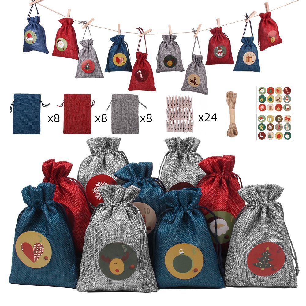 24 Days Advent Calendars Bags Christmas Drawstring Burlap Gift Bag DIY Xmas Decorations