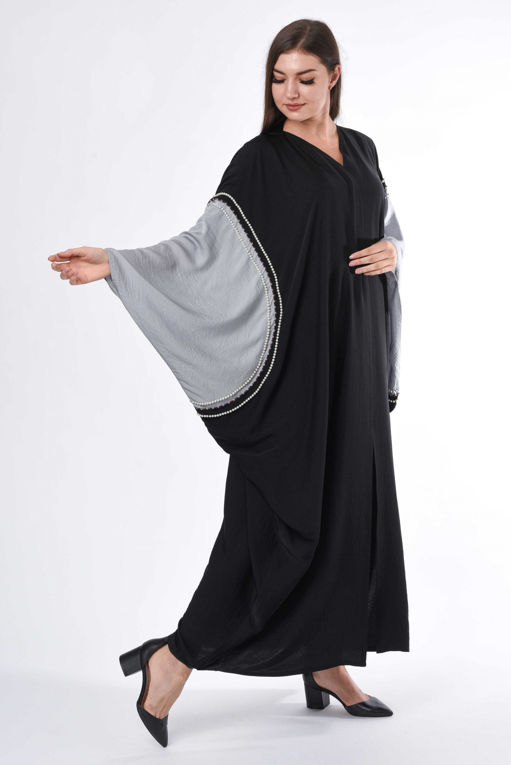 MOiSTREET Black Grey Cape Abaya with Hand Bead work