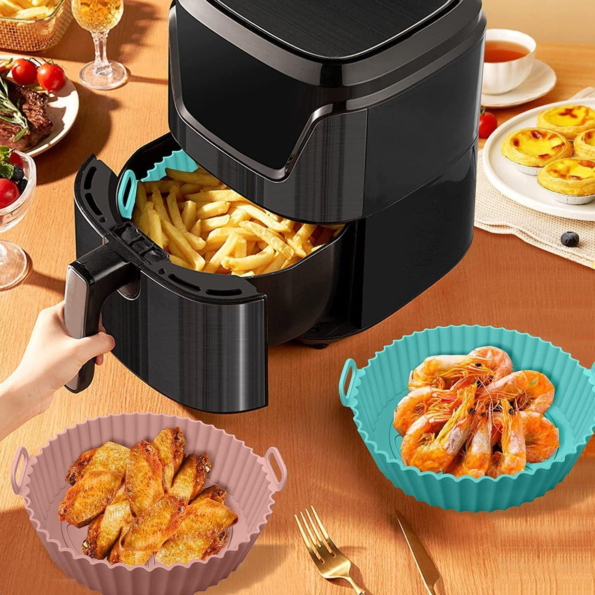 2Pcs Silicone Air Fryer Liner Reusable Air Fryer Basket 7.5 Inch Baking Tray