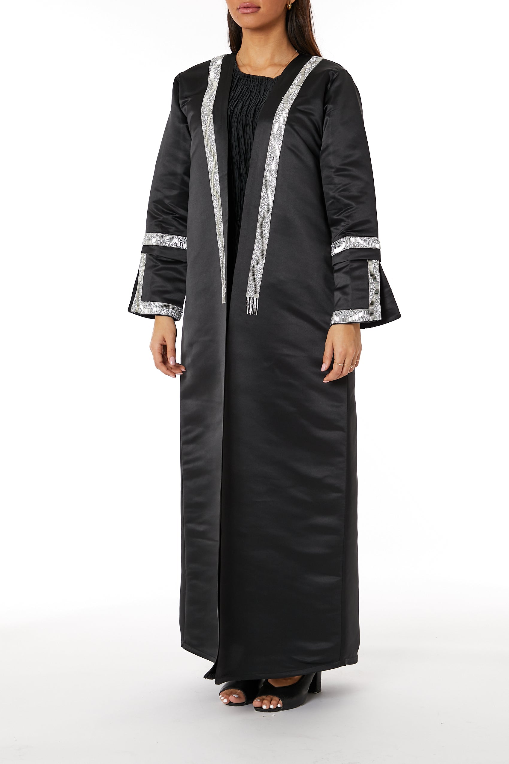 MOiSTREET Black Bridal Satin Abaya with Split Cuffs