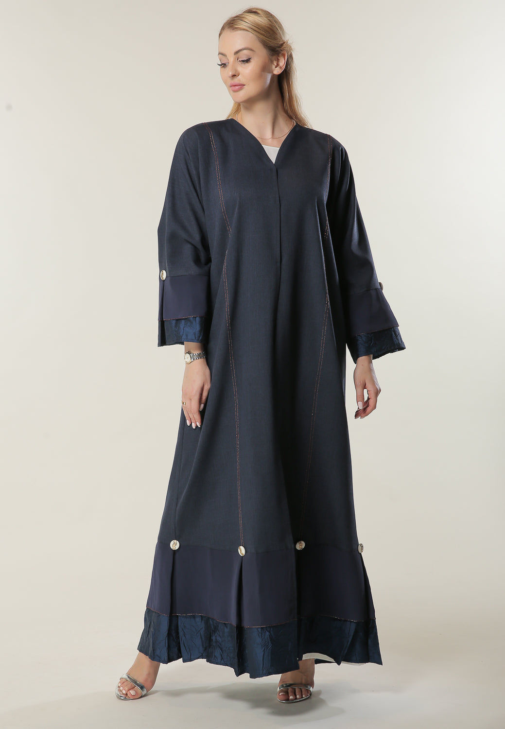 MOiSTREET Navy Milange Abaya With Pleated Hem