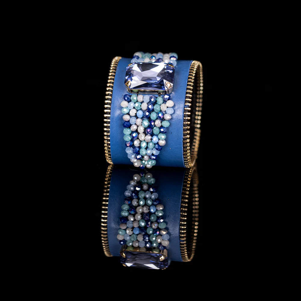 The Dark Azure Cascade Cuff Blue Leather Crystal Drop Statement Bracelet