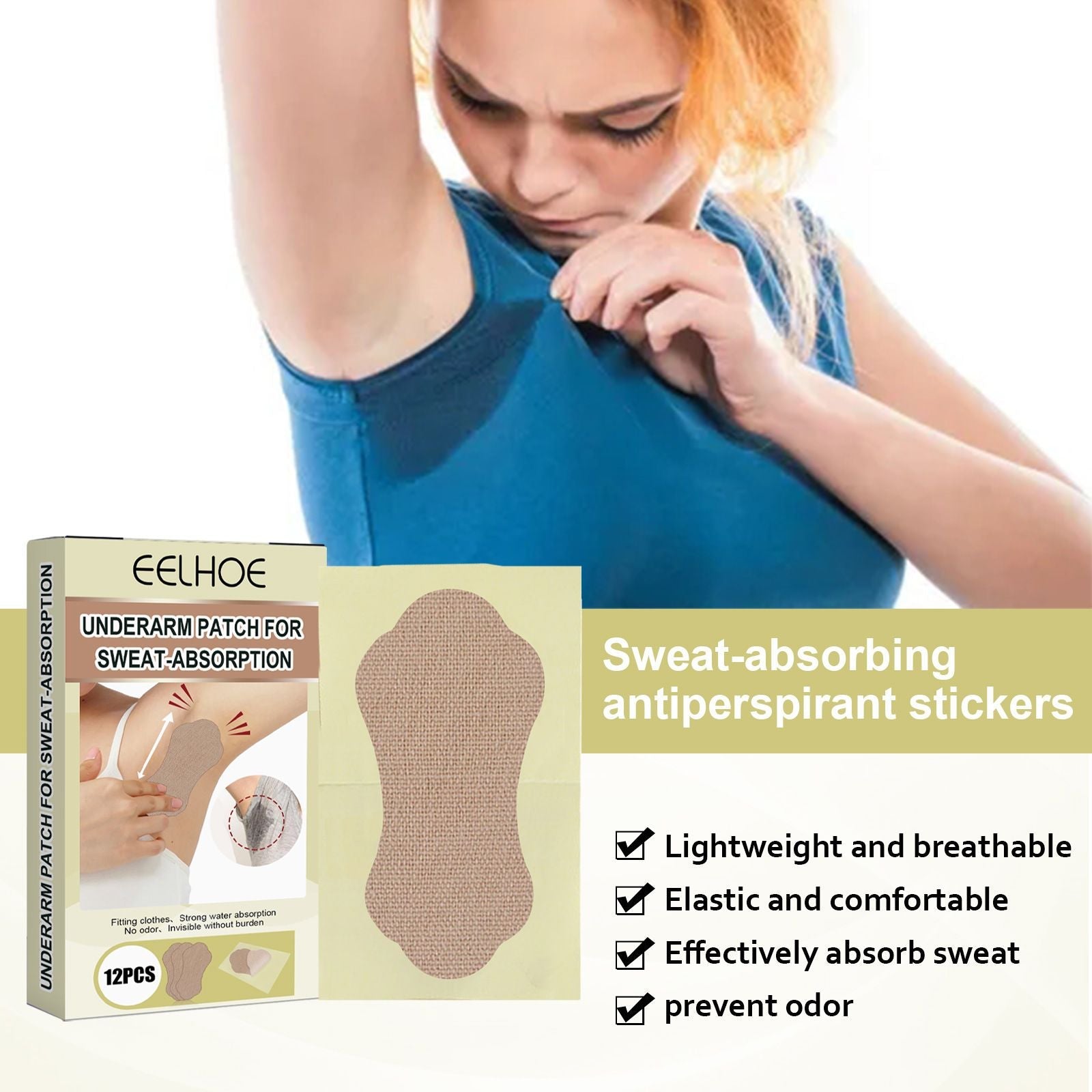 EELHOE Underarm Sweat Pads (12pcs/box) - Disposable, Breathable & Invisible Anti-Sweat Patches for All-Day Freshness