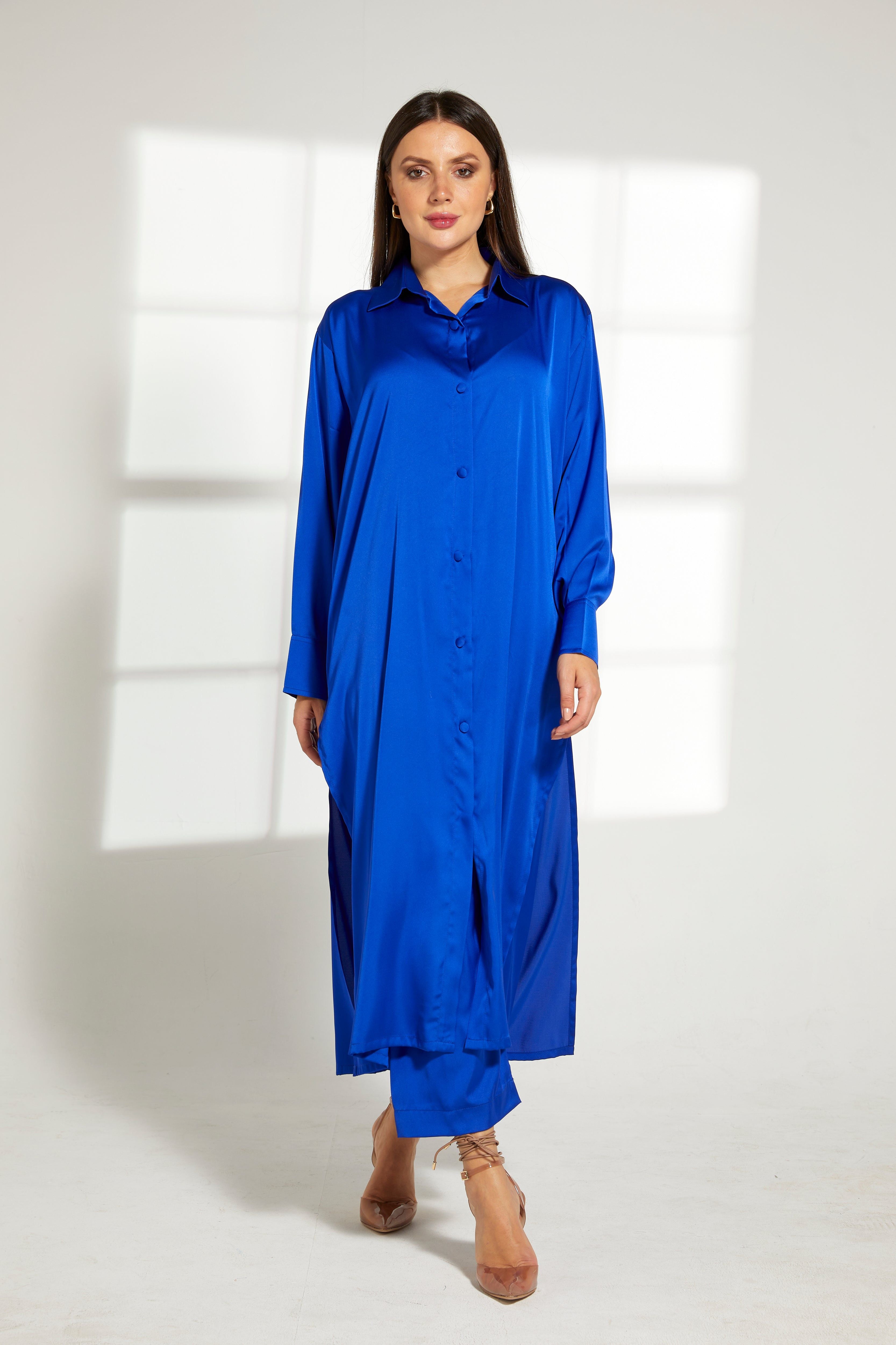 MOiSTREET Blue Silk Fabric Top and Pants Set