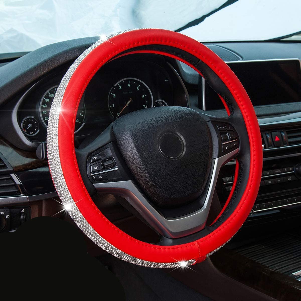 PU Leather Steering Wheel Cover Protector with Bling Crystal Rhinestones for 15 Inch