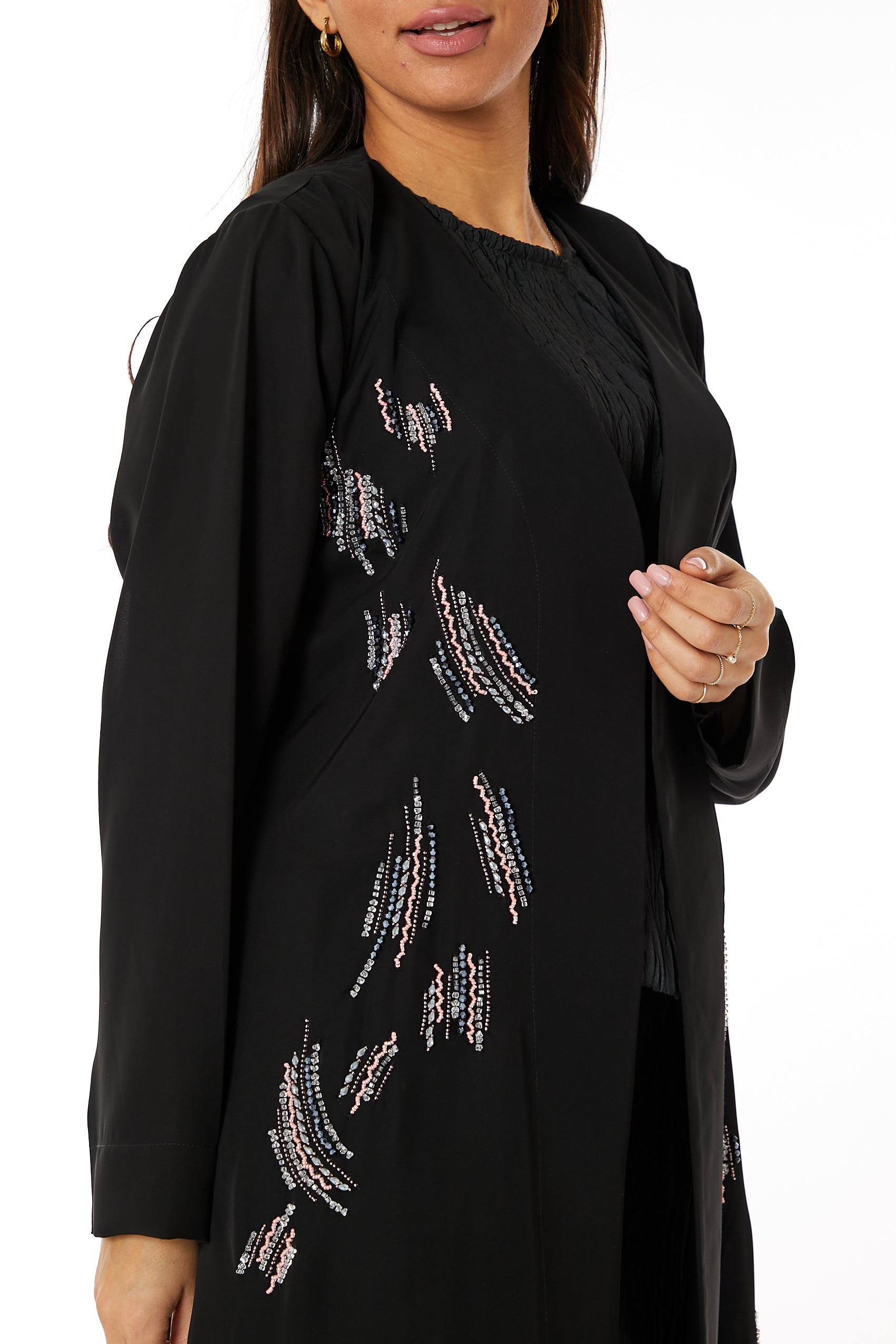 MOiSTREET Black Nida Embroidered Open Abaya