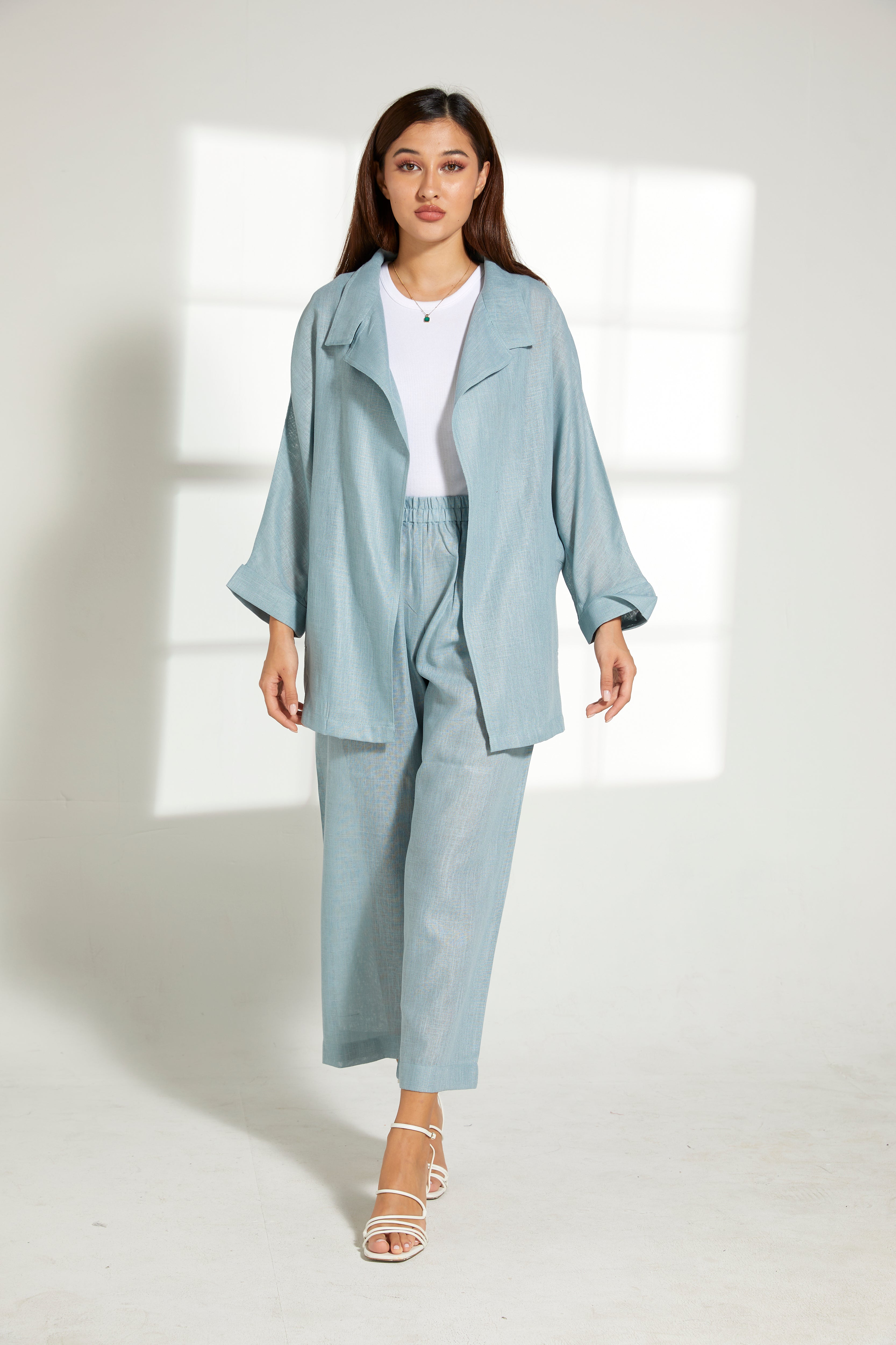 MOiSTREET Turquoise Linen Fabric Top and Pants Set