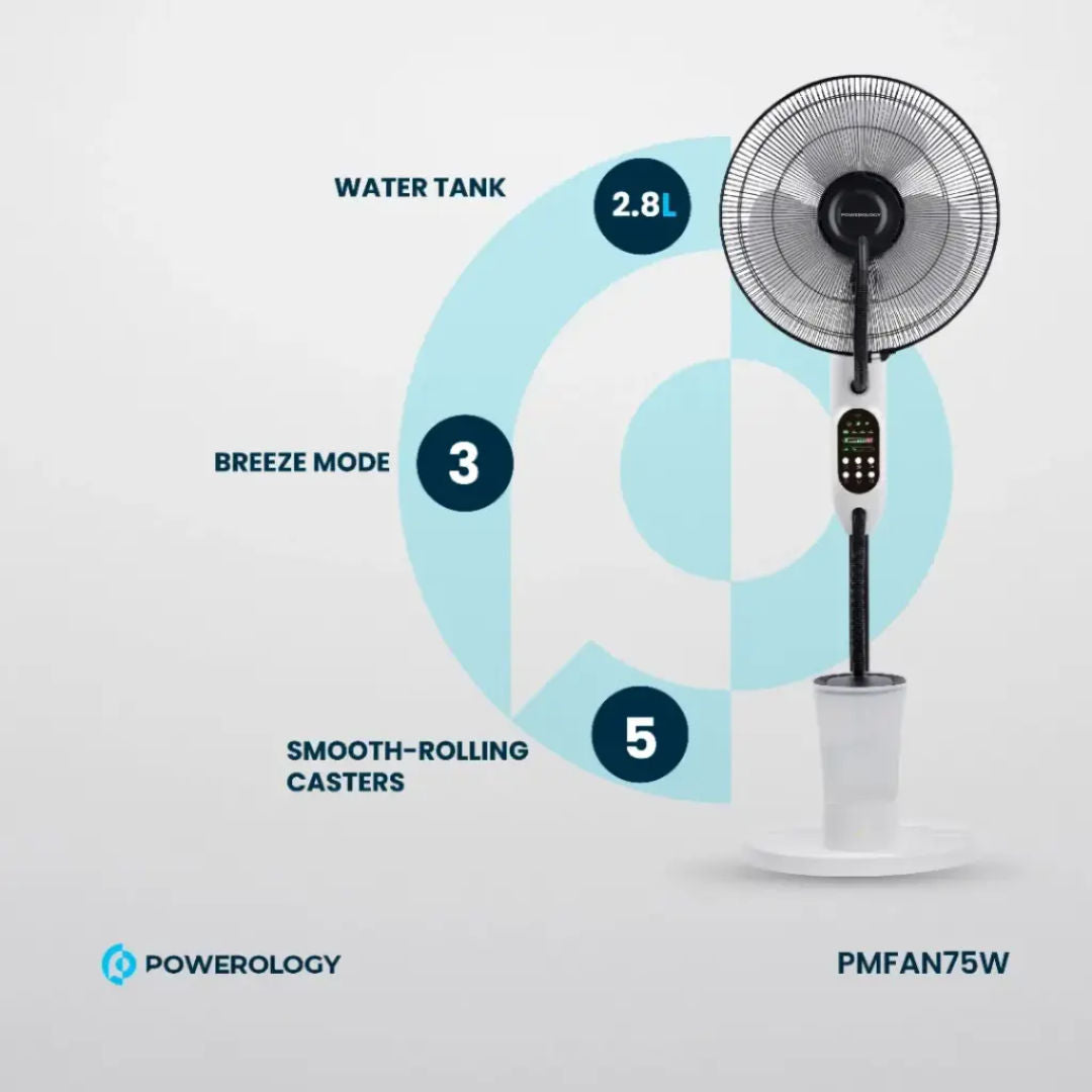 Powerology Tilt & Oscillating Fan Mist Spray & Humidifier, Black