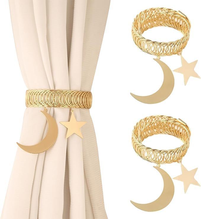 4PCS Curtain Tiebacks Spring Tieback Curtain Holders Adjustable Curtain Clips Star Moon Curtain Tiebacks