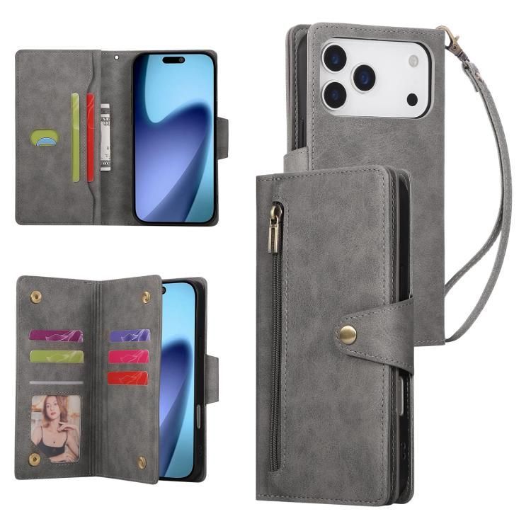For iPhone 18 Pro Max / iPhone 17 Pro Max Rivet Buckle 9 Cards Three Fold Leather Phone Case